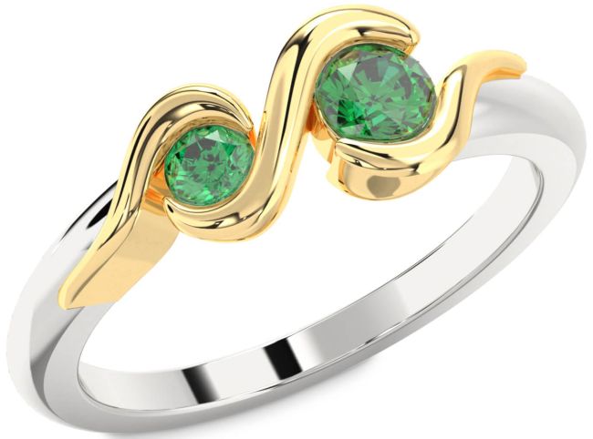 Emerald Gold Silver Round Two Stone Birthstone Ring