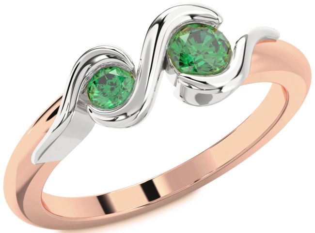 Emerald Rose Gold Silver Round Two Stone Birthstone Ring