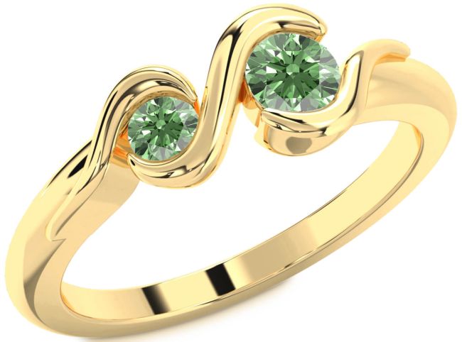 Green Diamond Gold Silver Round Two Stone Ring