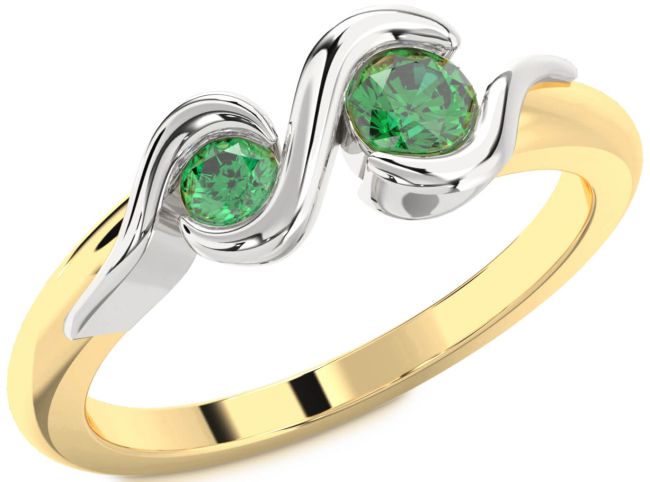 Emerald Gold Silver Round Two Stone Birthstone Ring