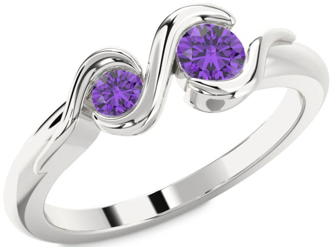 Amethyst Silver Round Two Stone Birthstone Ring