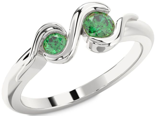 Emerald Silver Round Two Stone Birthstone Ring