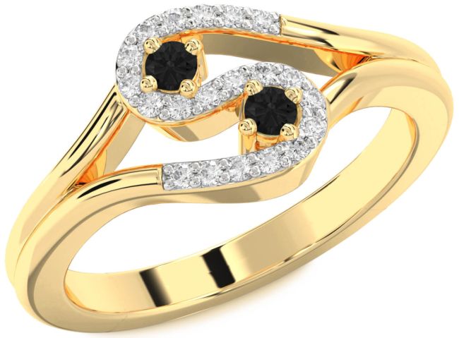 Black Diamond Gold Silver Round Two Stone Ring
