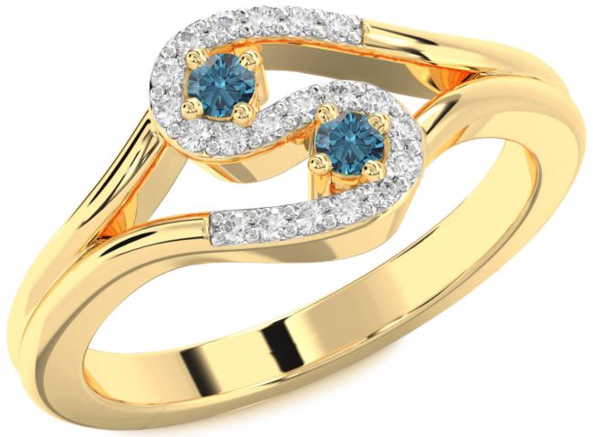 Blue Diamond Gold Silver Round Two Stone Ring