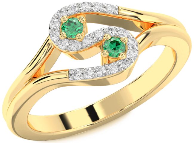 Diamond Emerald Gold Silver Round Two Stone Birthstone Ring