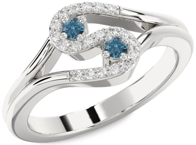 Blue Diamond Silver Round Two Stone Ring