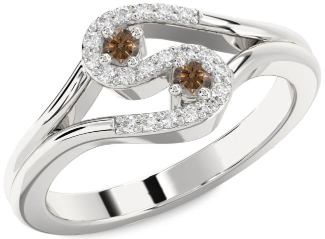 Chocolate Brown Diamond Silver Round Two Stone Ring