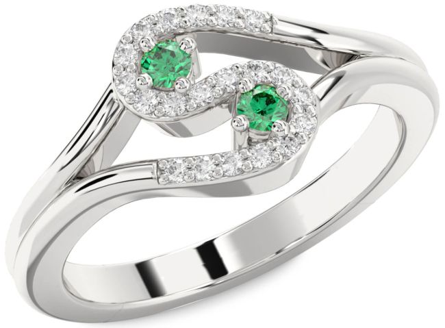 Diamond Emerald Silver Round Two Stone Birthstone Ring
