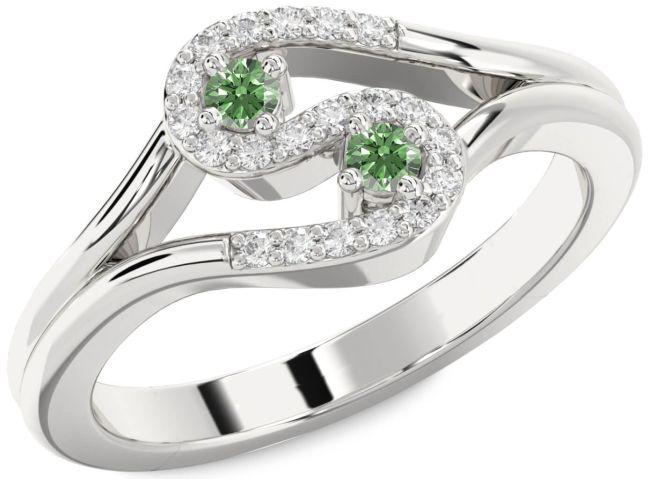 Green Diamond Silver Round Two Stone Ring