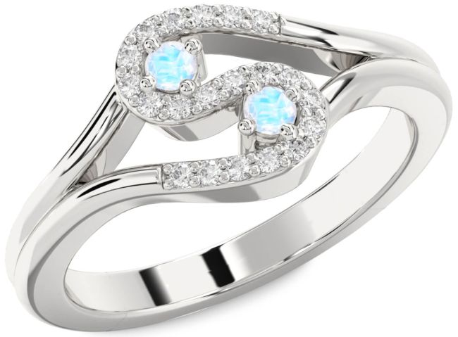 Diamond Moonstone Silver Round Two Stone Ring