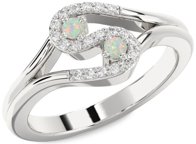Diamond Opal Silver Round Two Stone Birthstone Ring