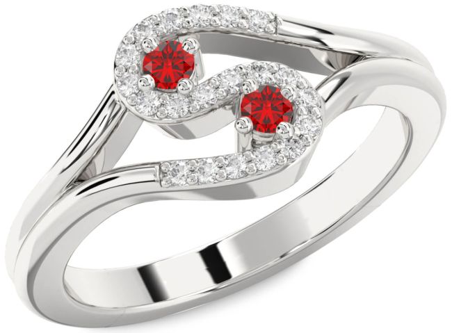 Diamond Ruby Silver Round Two Stone Birthstone Ring