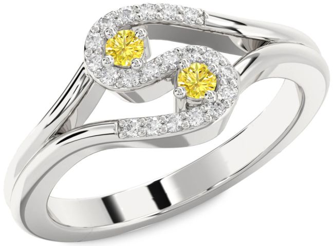 Yellow Diamond Silver Round Two Stone Ring