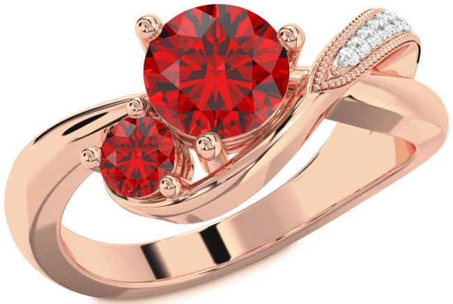 Diamond Ruby Rose Gold Round Two Stone Birthstone Ring