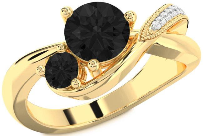 Black Diamond Gold Round Two Stone Ring