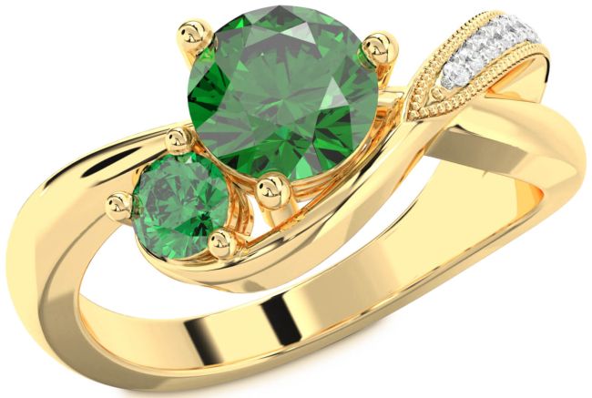 Diamond Emerald Gold Silver Round Two Stone Birthstone Ring