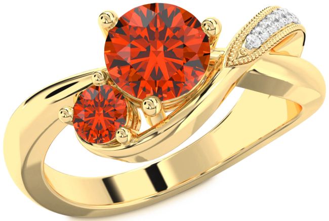 Diamond Fire Opal Gold Silver Round Two Stone Ring