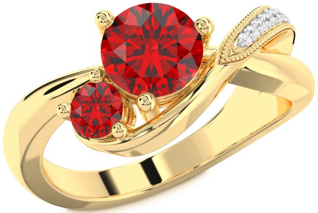 Diamond Ruby Gold Round Two Stone Birthstone Ring