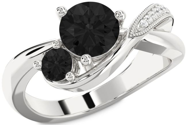 Black Diamond Silver Round Two Stone Ring
