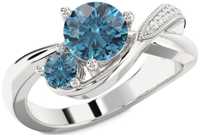 Blue Diamond Silver Round Two Stone Ring