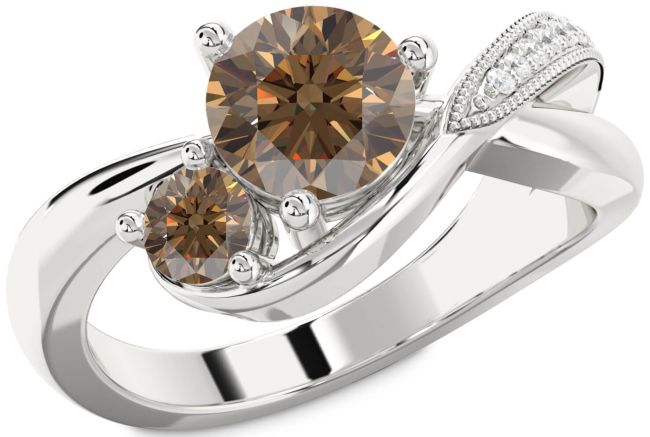 Chocolate Brown Diamond Silver Round Two Stone Ring