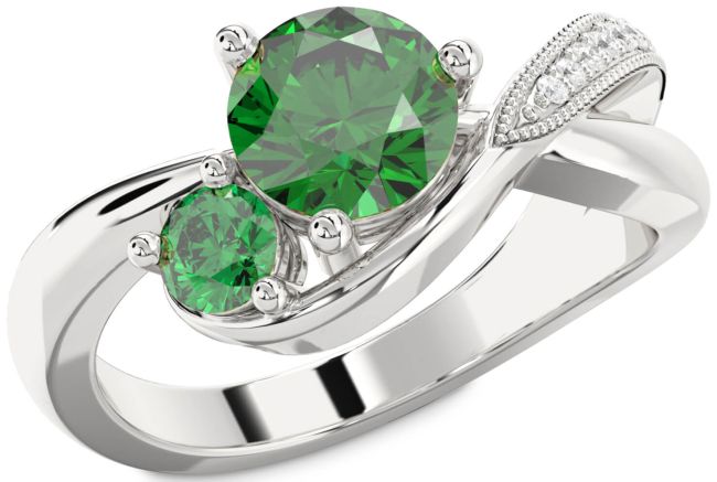 Diamond Emerald Silver Round Two Stone Birthstone Ring
