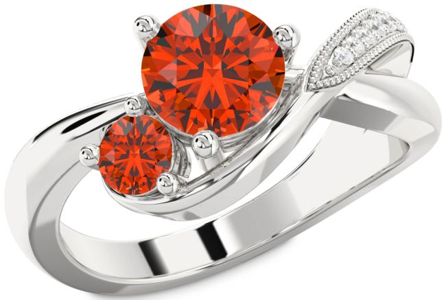 Diamond Fire Opal Silver Round Two Stone Ring