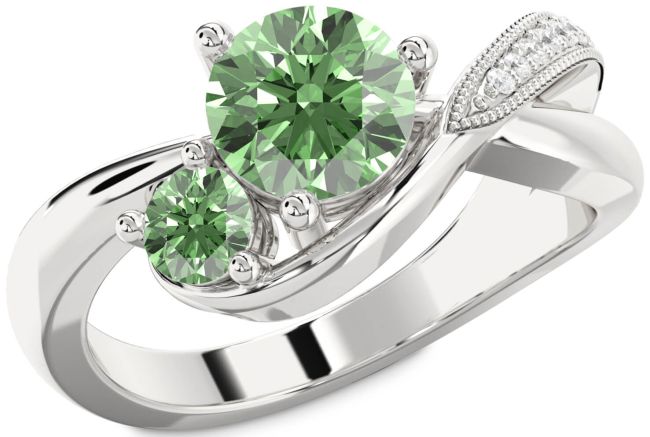 Green Diamond Silver Round Two Stone Ring