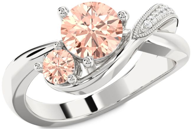 Diamond Morganite Silver Round Two Stone Ring