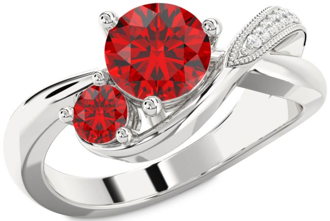 Diamond Ruby Silver Round Two Stone Birthstone Ring