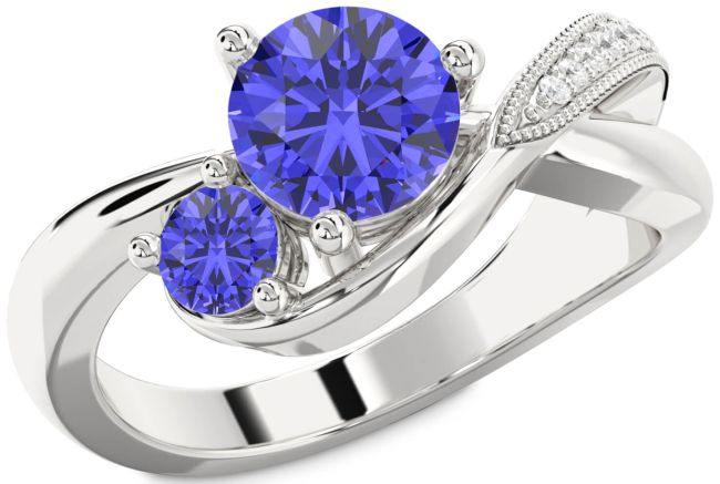 Diamond Tanzanite Silver Round Two Stone Ring