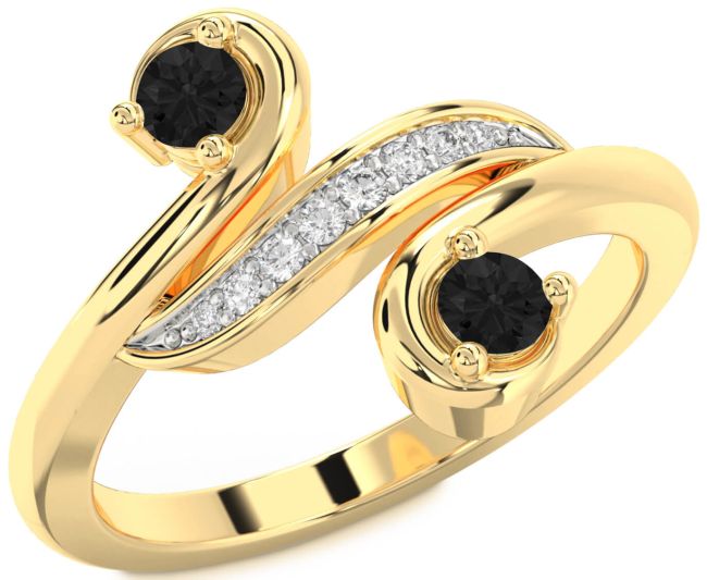 Black Diamond Gold Silver Round Two Stone Ring