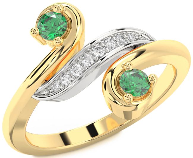Diamond Emerald Gold Silver Round Two Stone Birthstone Ring