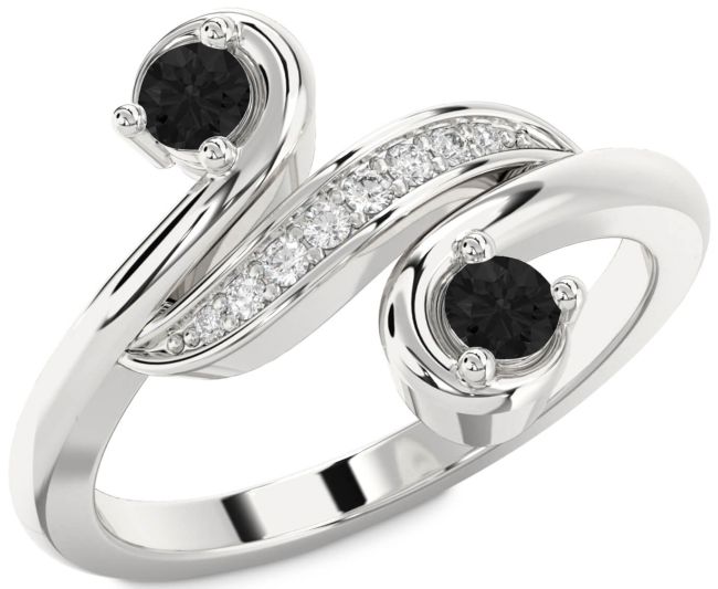 Black Diamond Silver Round Two Stone Ring