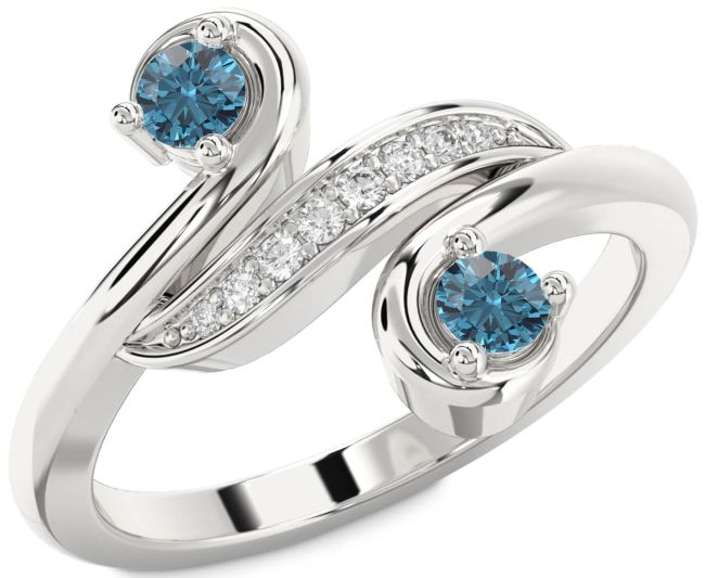 Blue Diamond Silver Round Two Stone Ring