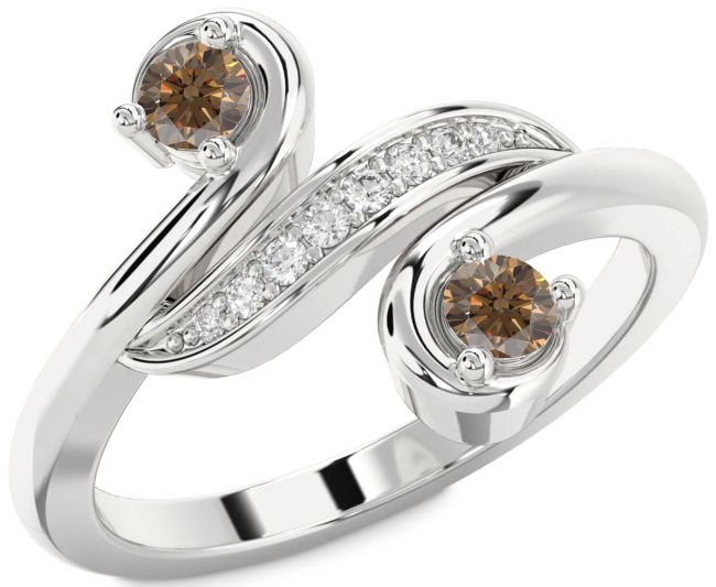 Chocolate Brown Diamond Silver Round Two Stone Ring