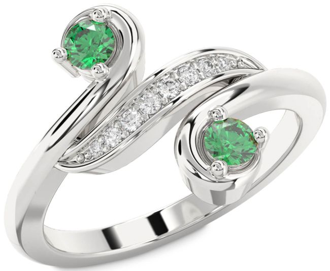 Diamond Emerald Silver Round Two Stone Birthstone Ring