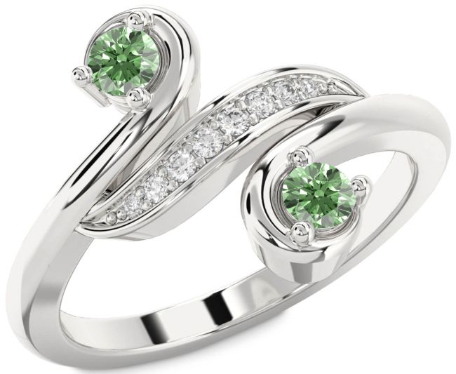Green Diamond Silver Round Two Stone Ring