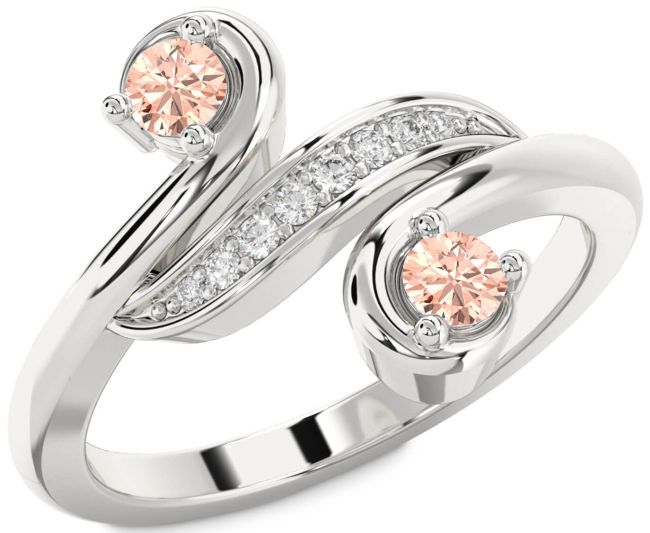 Diamond Morganite Silver Round Two Stone Ring