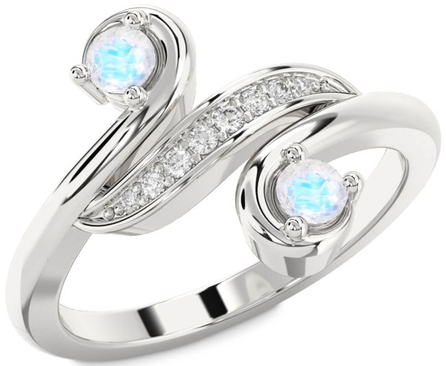 Diamond Moonstone Silver Round Two Stone Ring