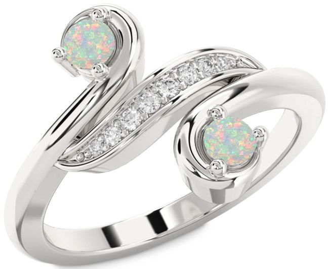 Diamond Opal Silver Round Two Stone Birthstone Ring