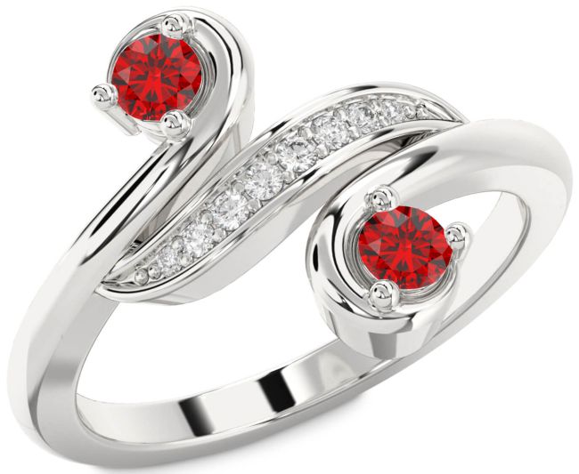 Diamond Ruby Silver Round Two Stone Birthstone Ring