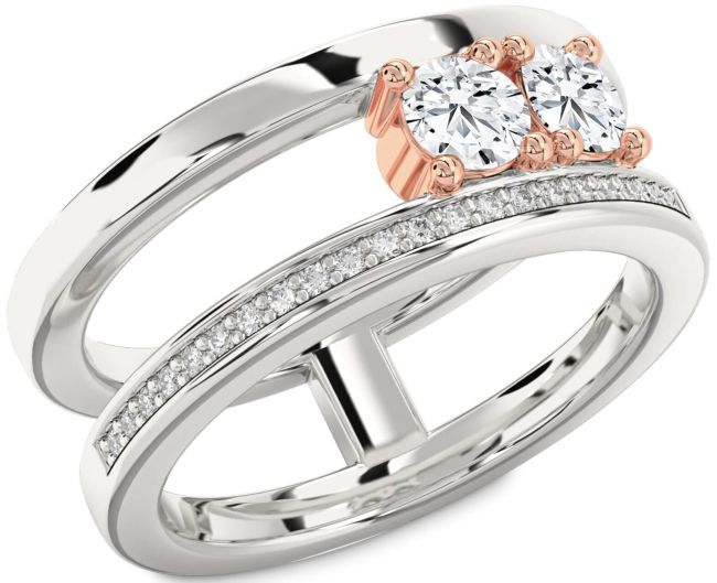 Diamond Rose Gold Silver Round Two Stone Ring