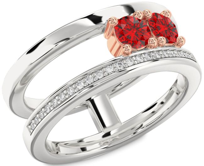 Diamond Ruby Rose Gold Silver Round Two Stone Birthstone Ring