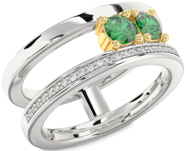 Diamond Emerald Gold Silver Round Two Stone Birthstone Ring