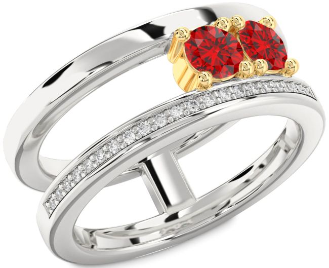 Diamond Ruby Gold Silver Round Two Stone Birthstone Ring