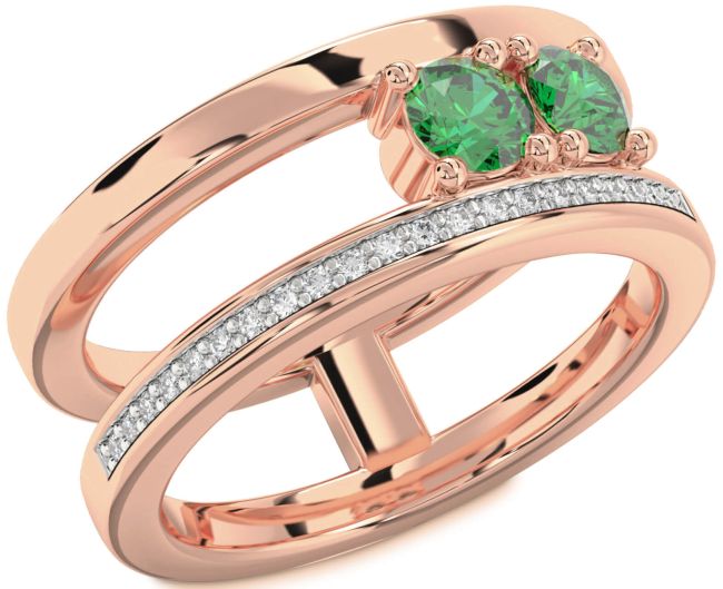 Diamond Emerald Rose Gold Round Two Stone Birthstone Ring