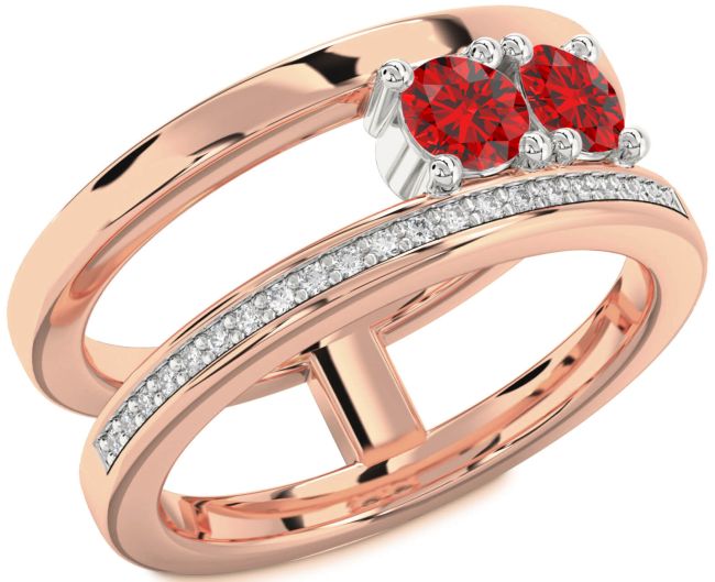 Diamond Ruby Rose Gold Silver Round Two Stone Birthstone Ring