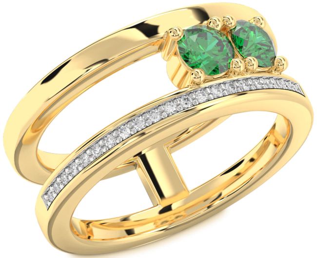 Diamond Emerald Gold Round Two Stone Birthstone Ring
