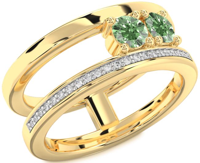 Green Diamond Gold Silver Round Two Stone Ring